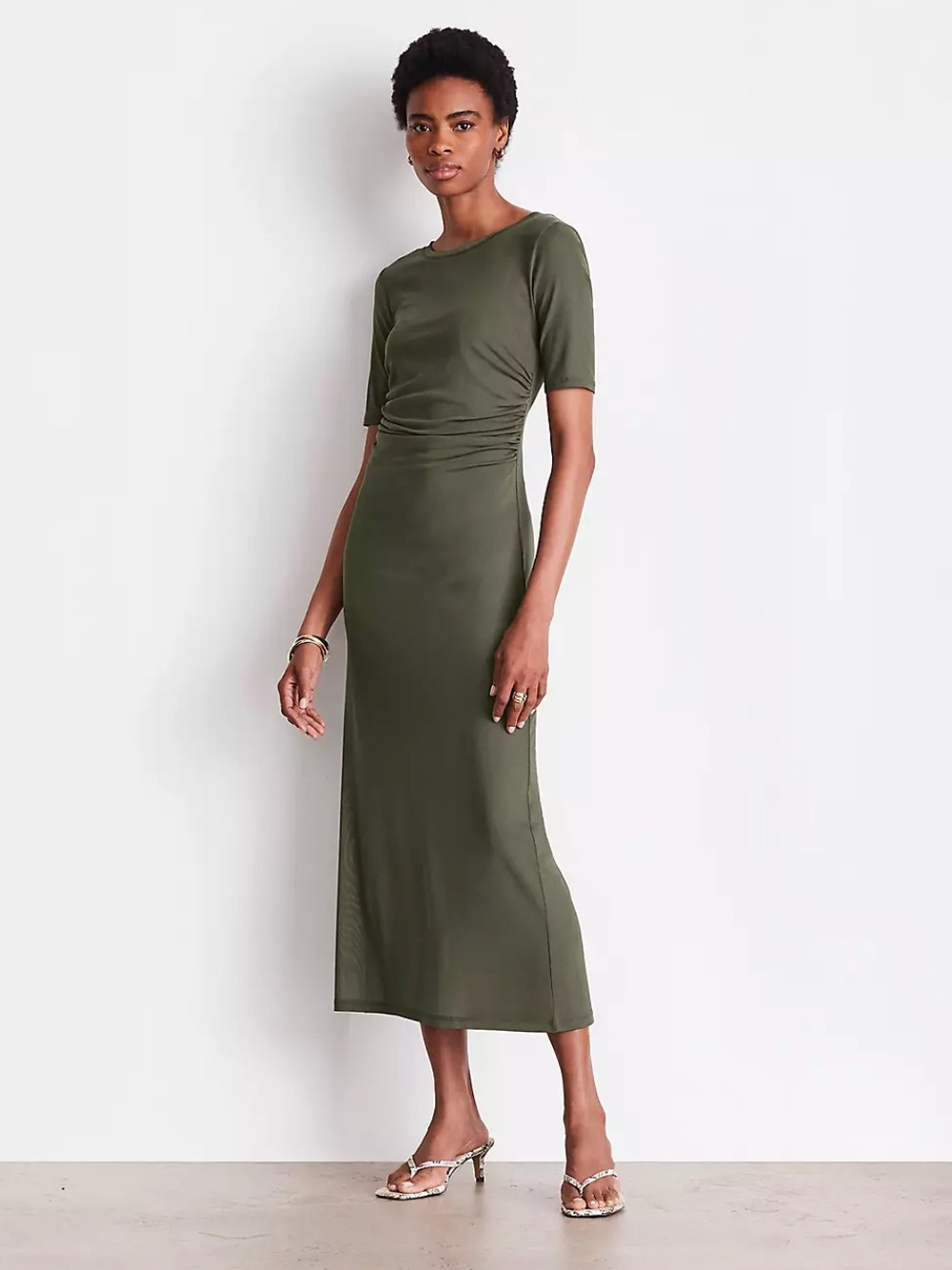 LOFT Versa Stretch Mesh Midi Dress - Olive Green - Size 12